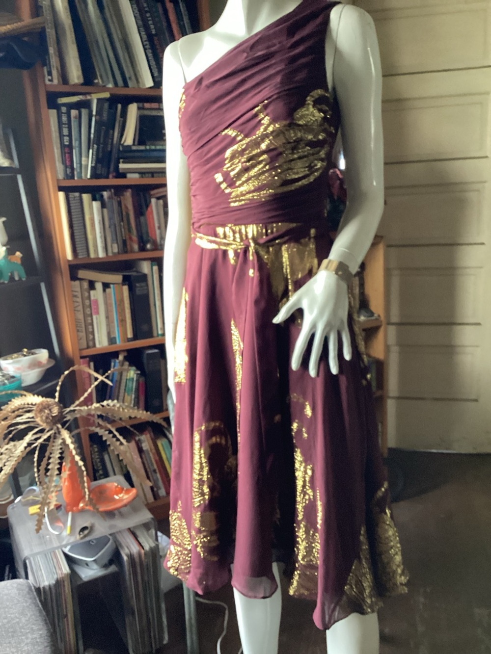 Banana Republic Maroon and Gold silk one shoulder